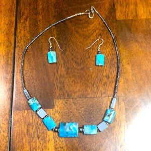 Blue stone, bead necklace and earring set.